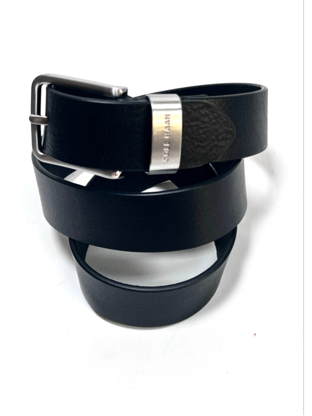 Cole Haan Mens Black Leather Belt with Silver Hardware, Size 36